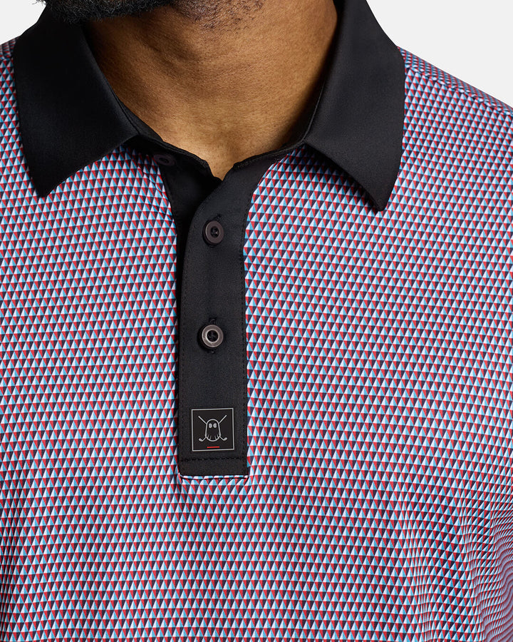Closeup Front Shot of Red Qualifier Diamond Polo showcasing buttons of polo and ghost golf icon #color_red