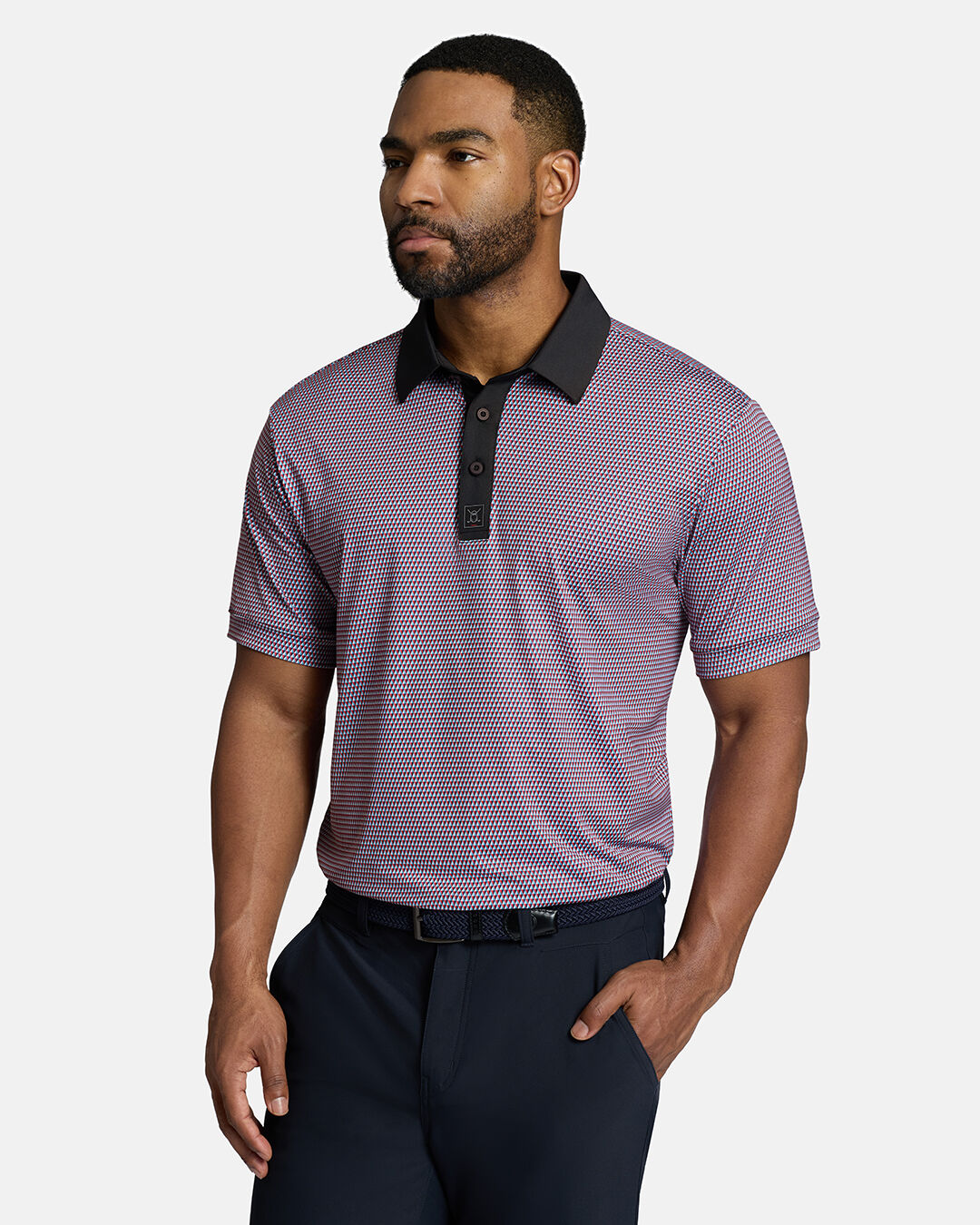 Top Front Body Shot of Black Male Model Wearing Red Qualifier Diamond Polo with navy pants and navy belt. Polo is tucked in pants #color_red