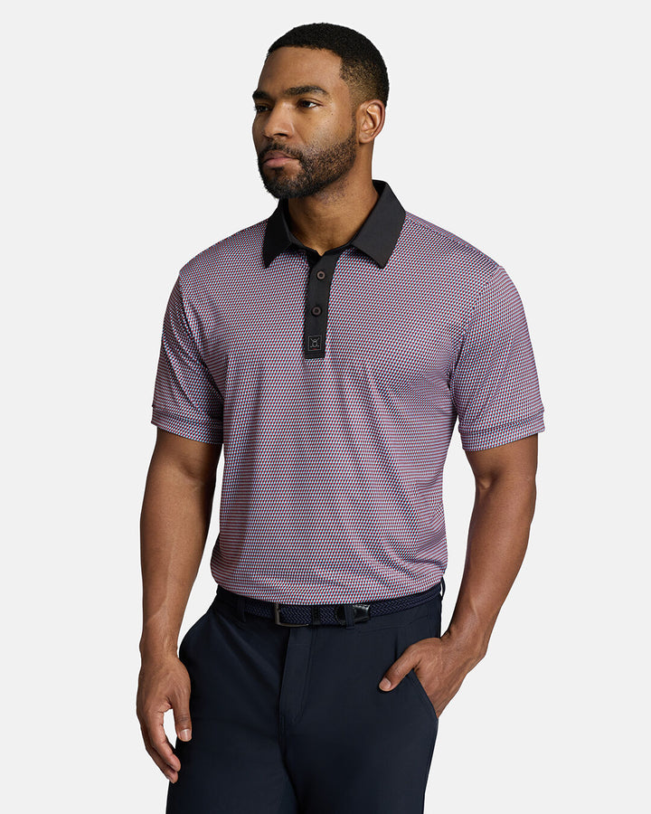 Top Front Body Shot of Black Male Model Wearing Red Qualifier Diamond Polo with navy pants and navy belt. Polo is tucked in pants #color_red