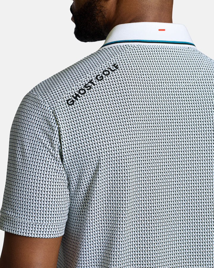 Closeup Back Shoulder Shot of White Qualifier Grid Flag back of the polo showcasing ghost golf hit on left back shoulder #color_white