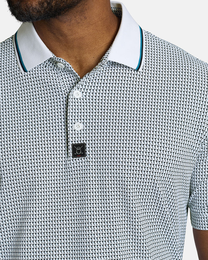 Closeup Front Shot of White Qualifier Flag Polo showcasing buttons of polo and ghost golf emblem #color_white