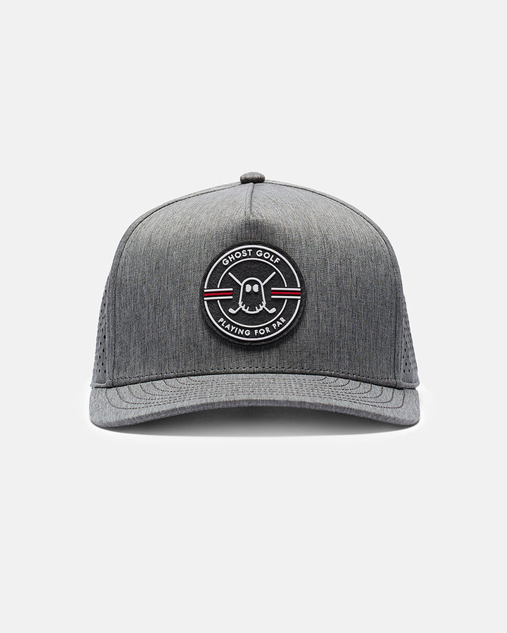 Front View Product Photo of Grey Qualifier Logo Hat with Ghost Golf Emblem in Center #color_grey
