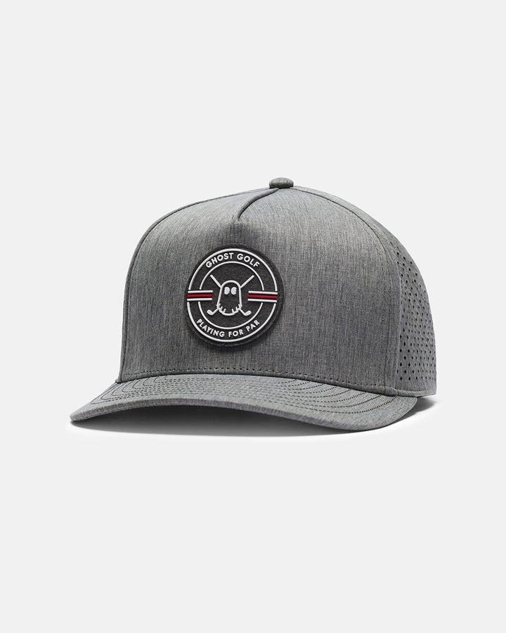 Side View Product Photo of Grey Qualifier Logo Hat with Ghost Golf Emblem in Center #color_grey