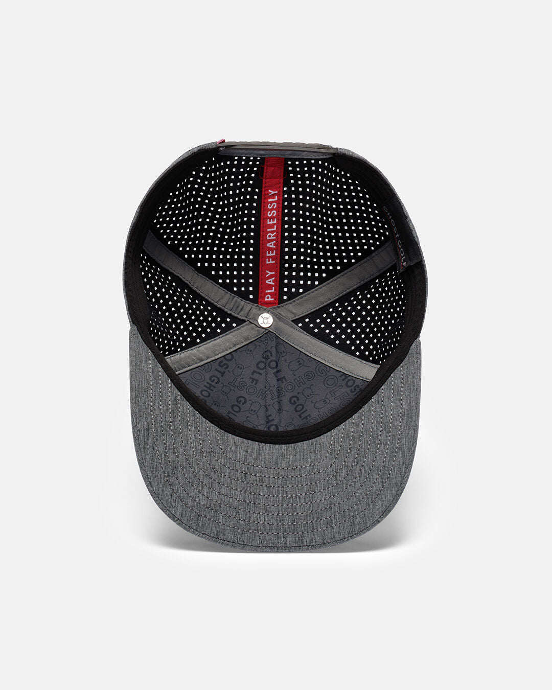 Bottom View Product Photo of Grey Qualifier Logo Hat with Play Fearlessly and Ghost Golf Embroidered inside #color_grey