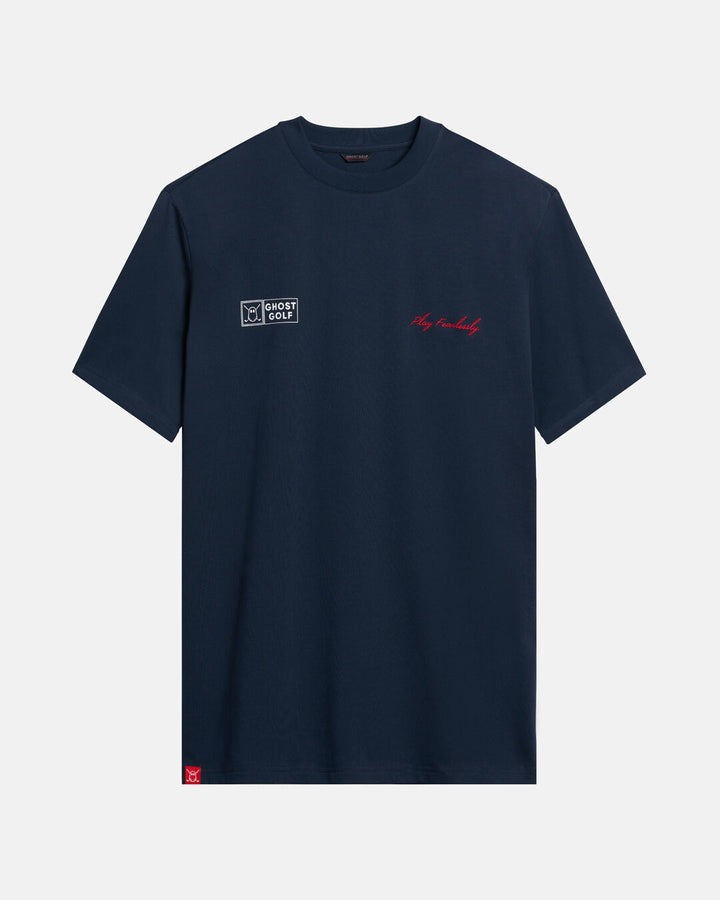 Front Product Shot of Navy Qualifier Player Tee with Ghost Icon & Play Fearlessly on Left and Right Chest Hit #color_dark-navy