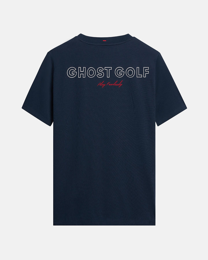Back Product Shot of Navy Qualifier Player Tee with Ghost Golf Graphic in the Back #color_dark-navy