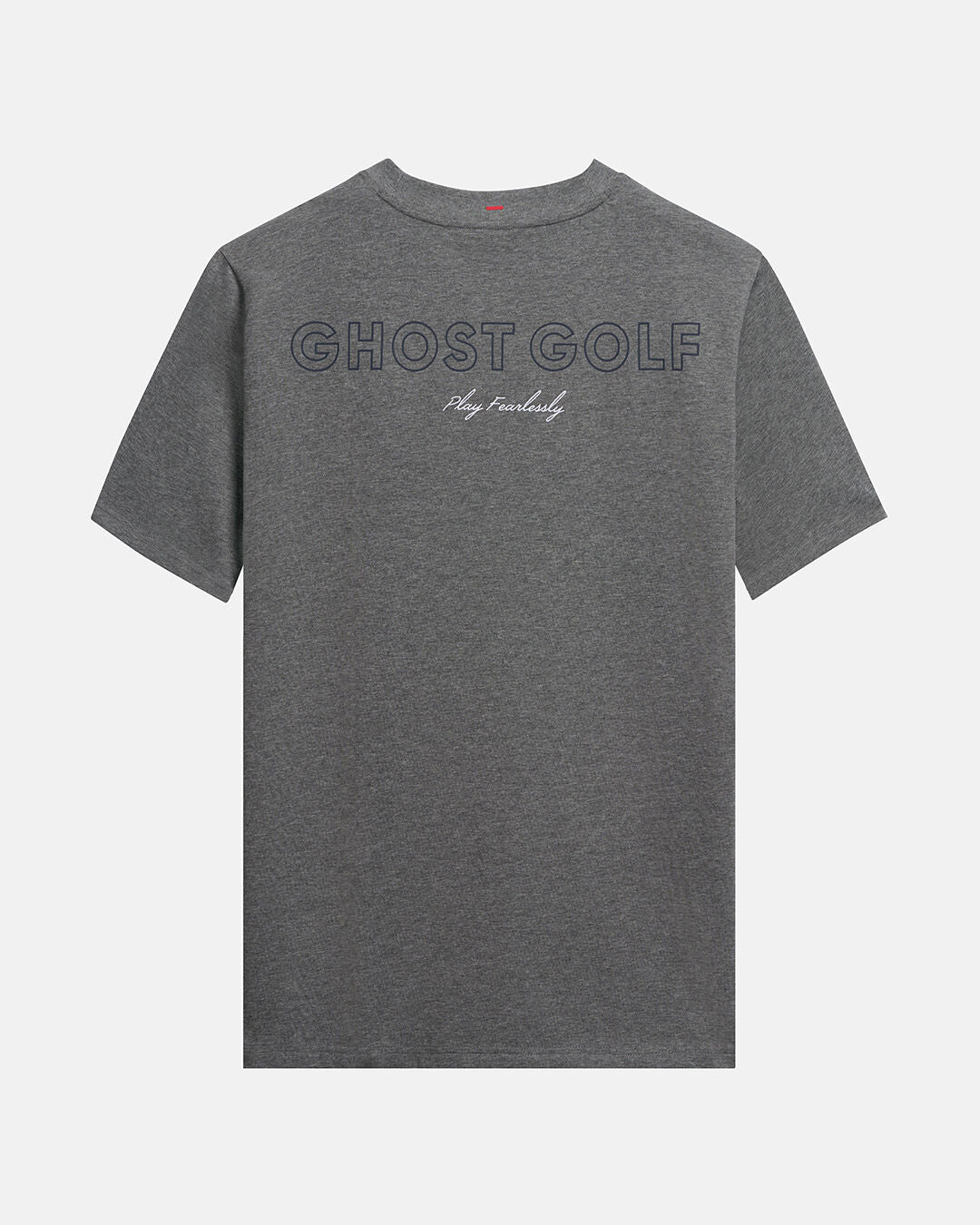 Back Product Shot of Heather Grey Qualifier Player Tee with Ghost Golf Graphic in the Back #color_heather-grey