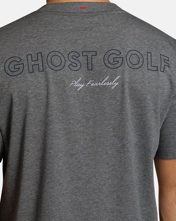 Closeup Shot of Grey Qualifier Player Tee show casing typography artwork on back of tee #color_heather-grey