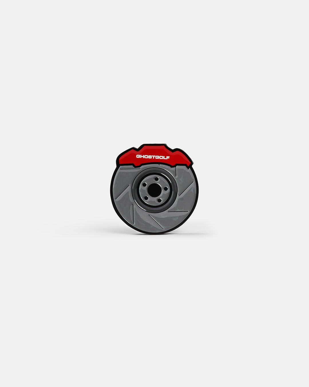 Product photo of a ball marker featuring a brake disc design with “Ghost Golf” displayed at the top of the disc.