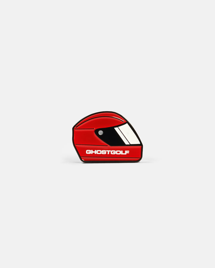 Product photo of a ball marker featuring a racing helmet with “Ghost Golf” displayed on the side.