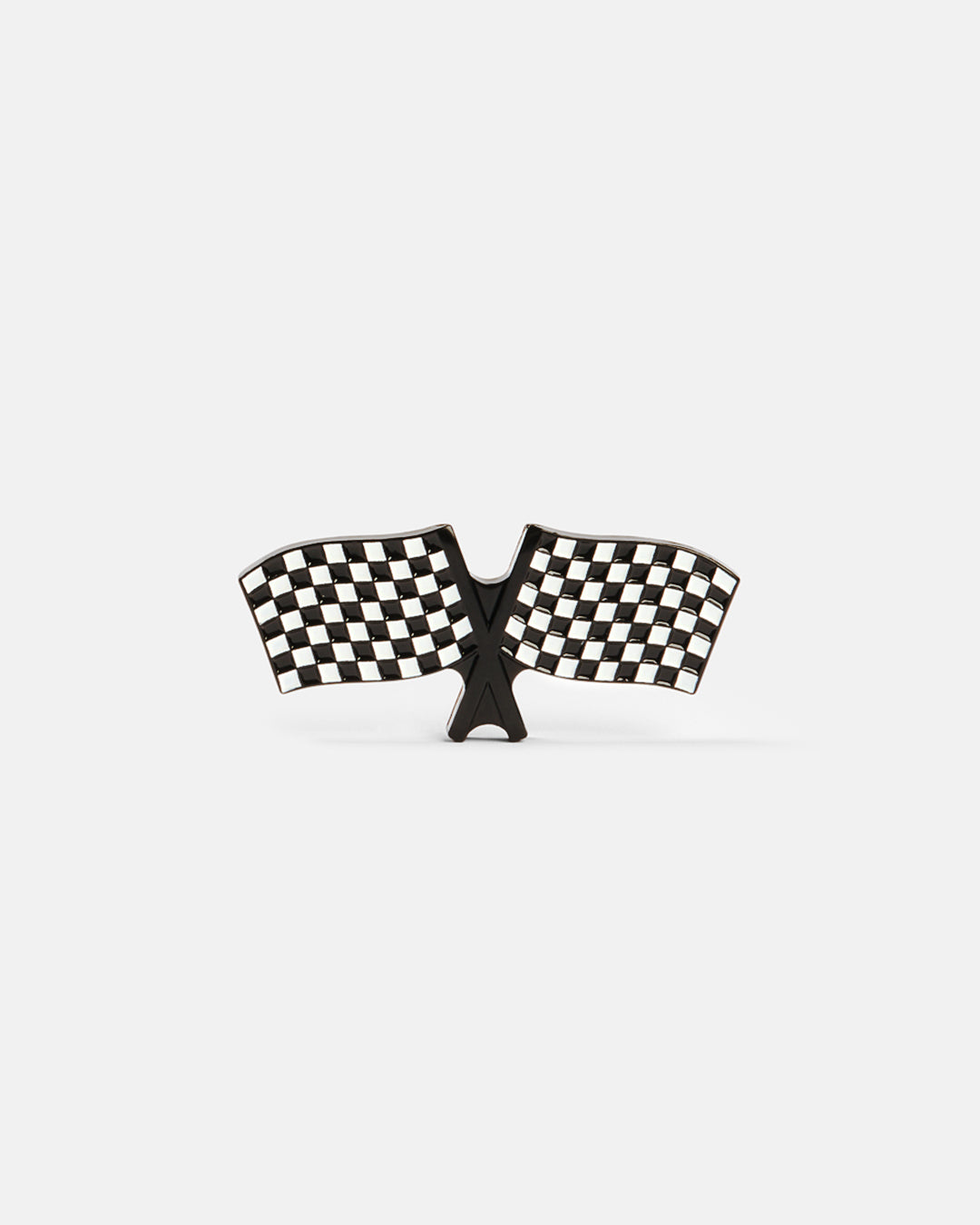 Product photo of a ball marker shaped like checkered racing flags.