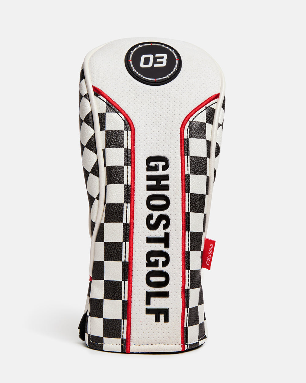 Front product view of the White/BlackRally 3-Wood Head Cover featuring a circular "03" patch on the top, a vertical Ghost Golf logo centered on the front, and black-and-white checkered detailing along the side. #size_3-wood