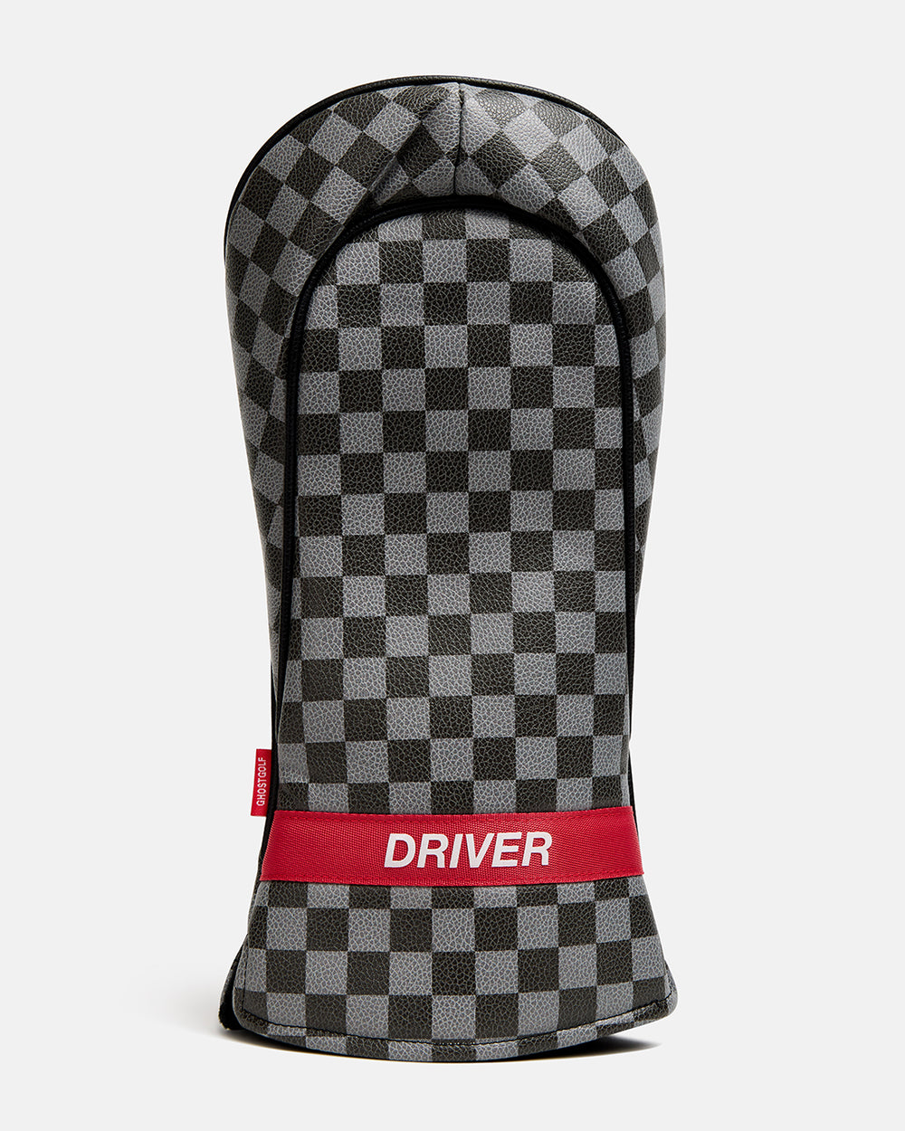 Back product view of the Black/Grey Rally Driver Head Cover featuring a checkered back detailing with Driver near the bottom #size_driver