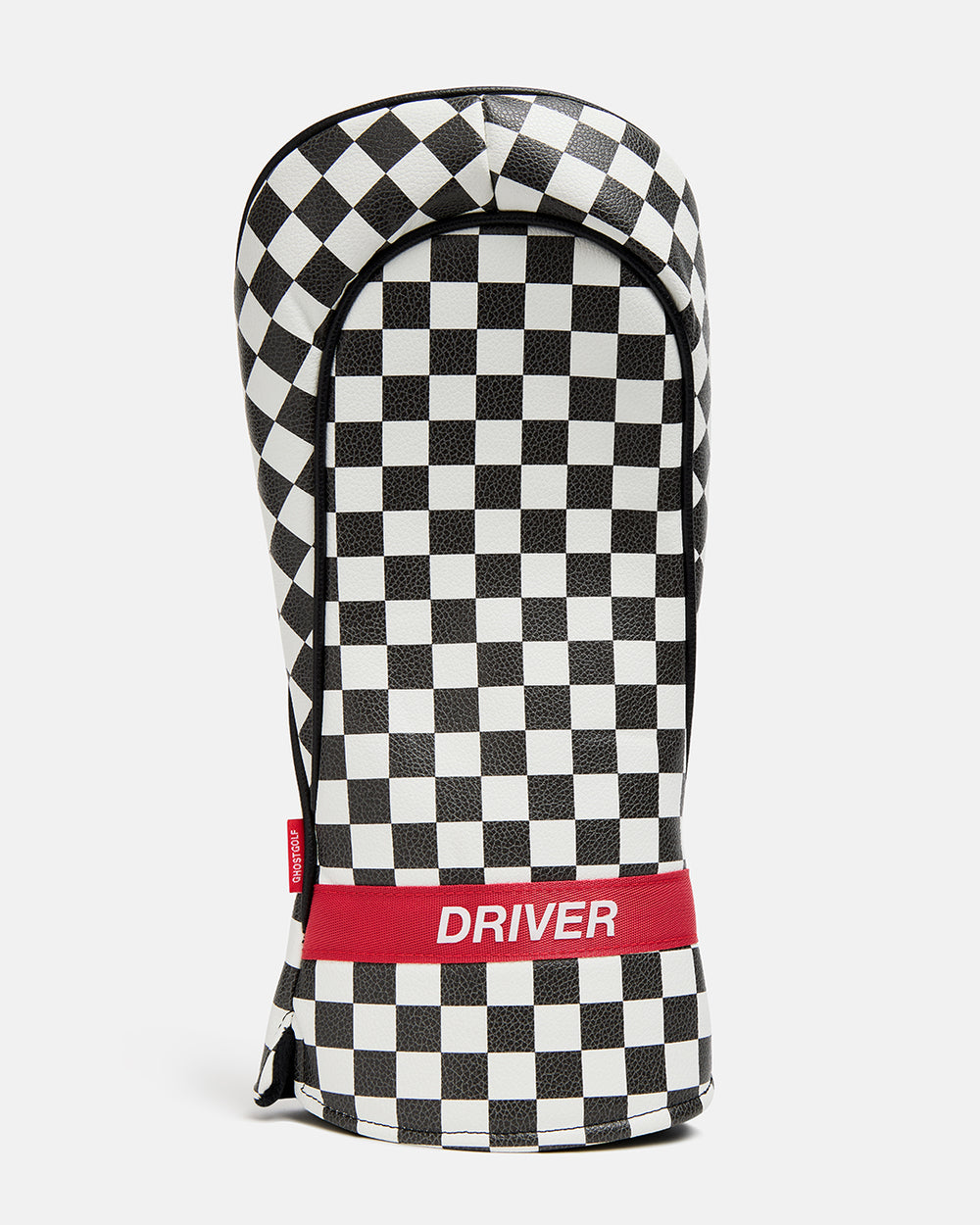 Back product view of the Black/White Rally Driver Head Cover featuring a checkered back detailing with Driver near the bottom #size_driver