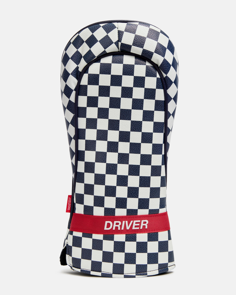 Back product view of the Navy Rally Driver Head Cover featuring a checkered back detailing with Driver near the bottom #size_driver