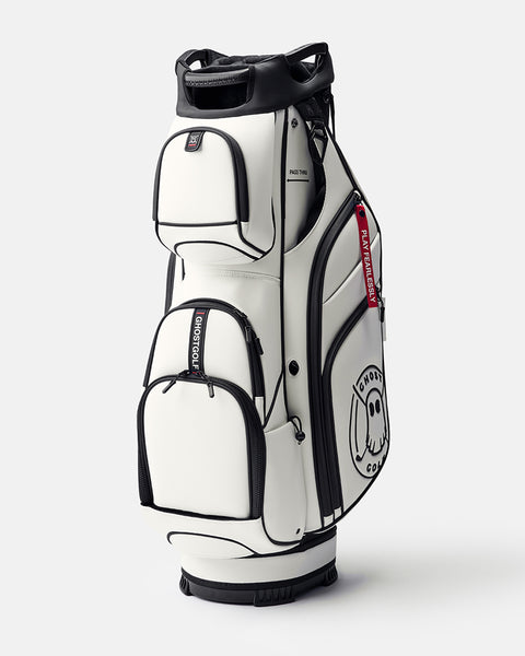 GHOSTGOLF GT-14 Saya golf bag in white with black trim, shown at a three-quarter angle with zippered pockets, a Ghost Golf logo, and a red “Play Fearlessly” tag.