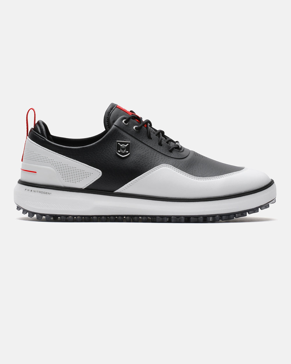 Product image showing the right side of the Black-White Ghost Golf Reaper golf shoe. #color_black-white