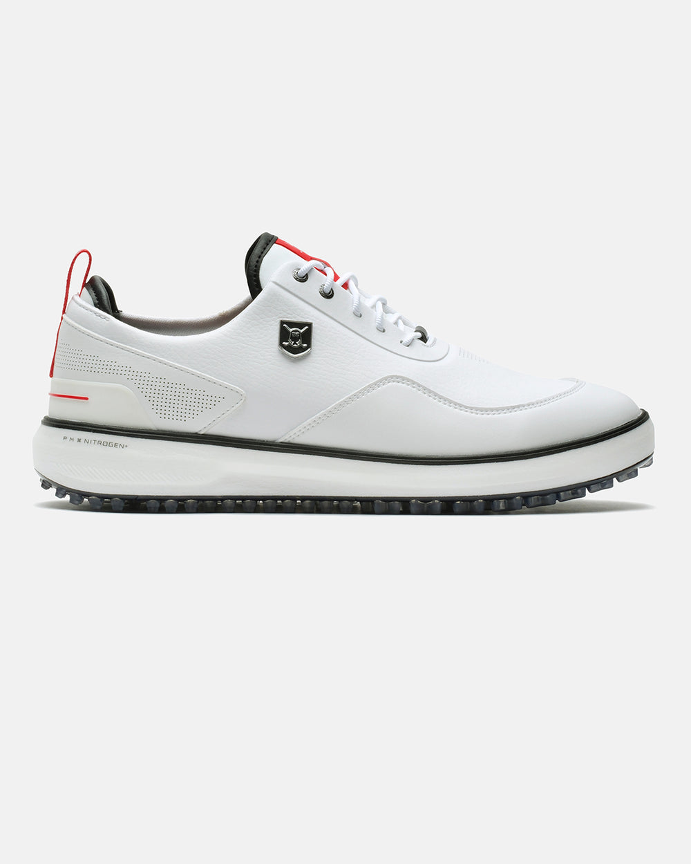 Product image showing the right side of the White Ghost Golf Reaper golf shoe. #color_white