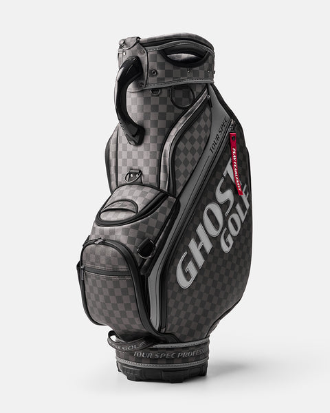 Black and Grey Chekered Golf Staff Bag with White GHOST GOLF branding - Tour Spec - Side Angle View