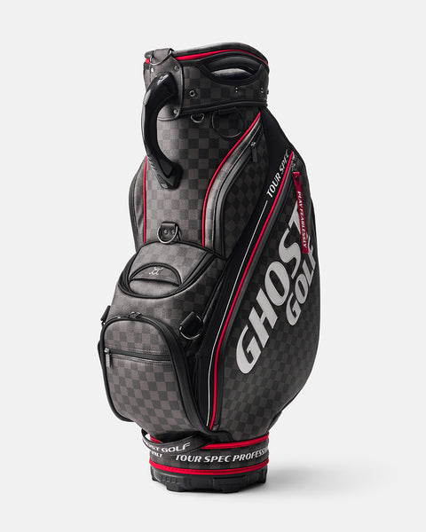 Black and Grey Chekered Golf Staff Bag with White GHOST GOLF branding - Tour Spec - Side Angle View