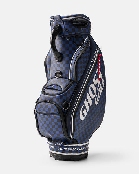 Navy and Black Chekered Golf Staff Bag with White GHOST GOLF branding - Tour Spec - Side Angle View