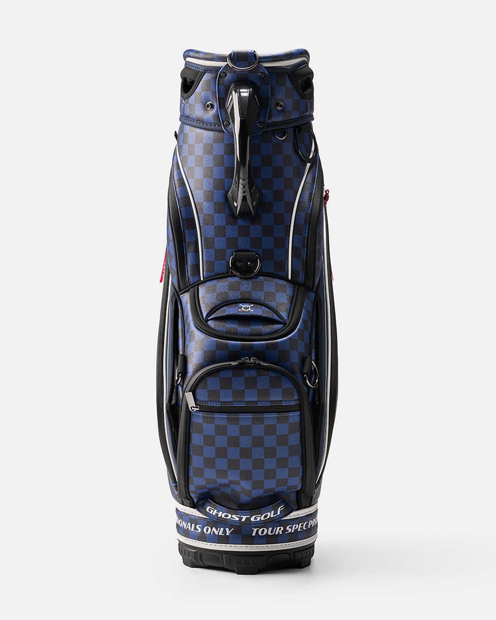 Navy and Black Chekered Golf Staff Bag with White GHOST GOLF branding - Tour Spec - Front Angle View