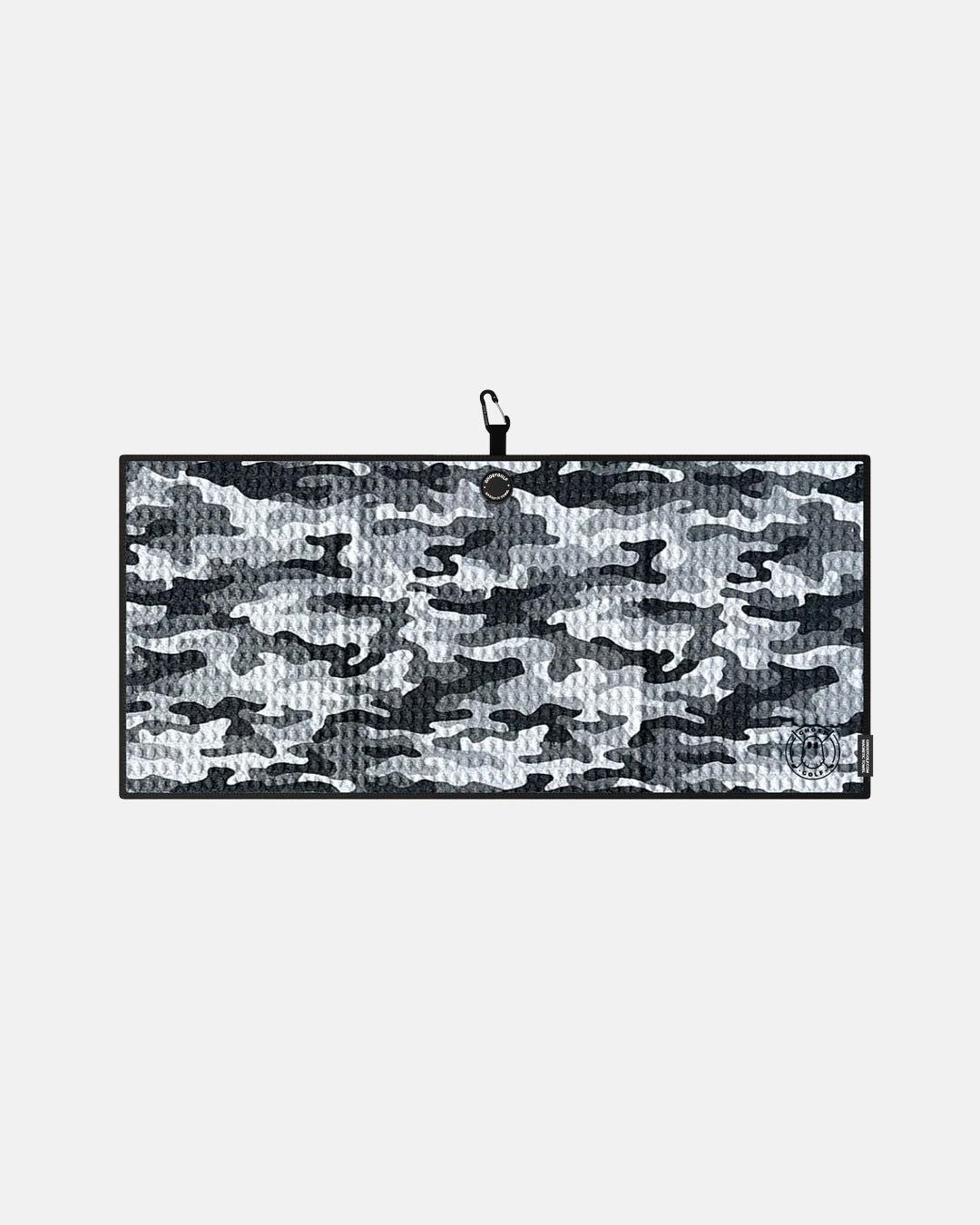 Product shot of Snow Camo Ghost Golf Magnetic Caddie Towel with emblem logo on right bottom corner and carabiner clip at the top #color_snow-camo