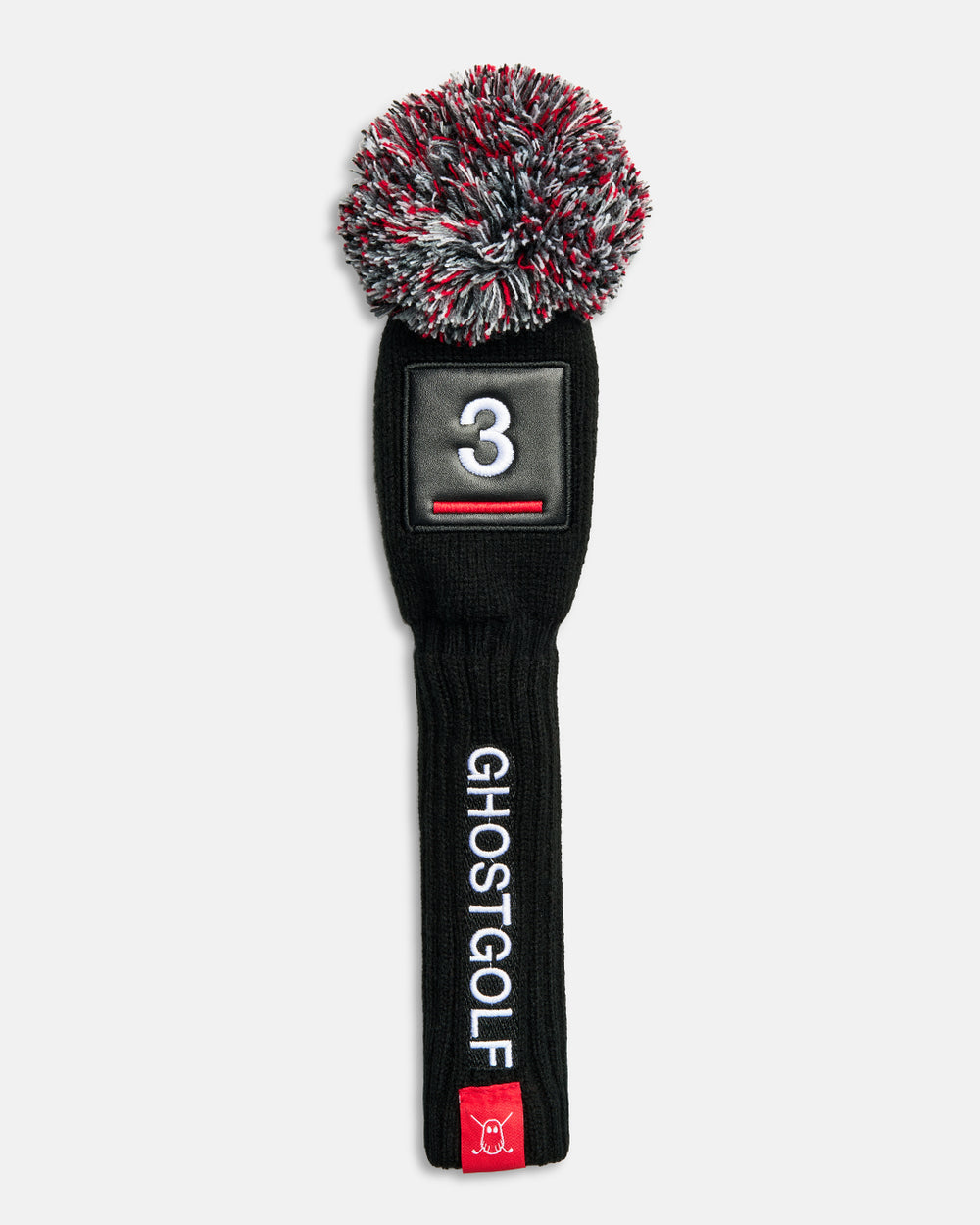 Front product shot of the Black Solid 3-Wood Knit Head cover featuring a square patch with the number 3 at the top, a vertical Ghost Golf logo down the center, and a red tab with the Ghost icon. #size_3-wood