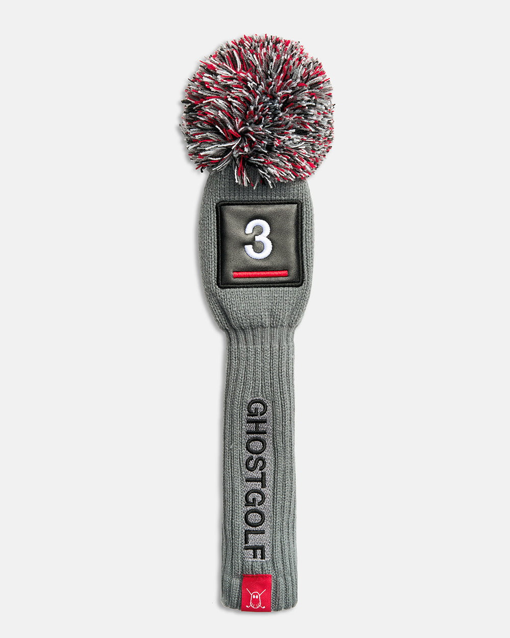 Front product shot of the Grey Solid 3-Wood Knit Head cover featuring a square patch with the number 3 at the top, a vertical Ghost Golf logo down the center, and a red tab with the Ghost icon. #size_3-wood
