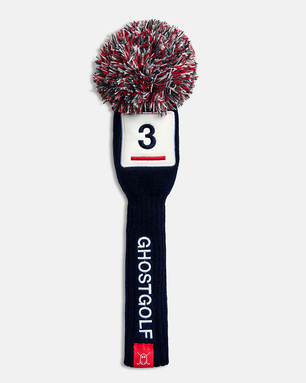 Front product shot of the Black Solid 3-Wood Knit Head cover featuring a square patch with the number 3 at the top, a vertical Ghost Golf logo down the center, and a red tab with the Ghost icon. #size_3-wood