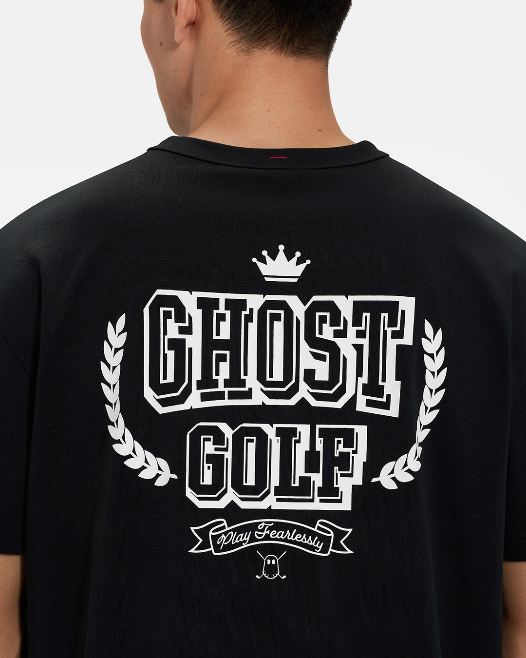Back Closeup View of Black Spectator Club Tee on Asian Male Model with Ghost Golf Graphic #color_black