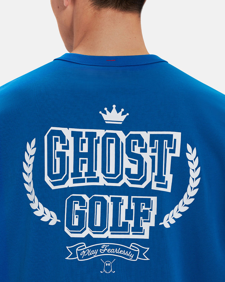 Back Closeup View of Royal Blue Spectator Club Tee on Asian Male Model with Ghost Golf Graphic #color_royal-blue