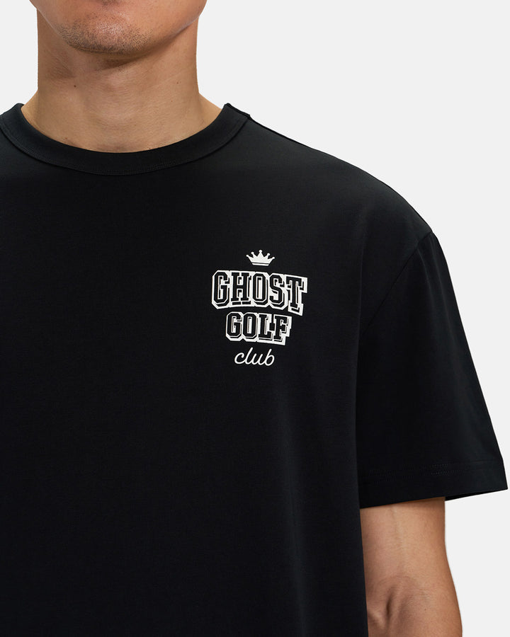 Front Closeup View of Black Spectator Club Tee on Asian Male Model with Ghost Golf #color_black