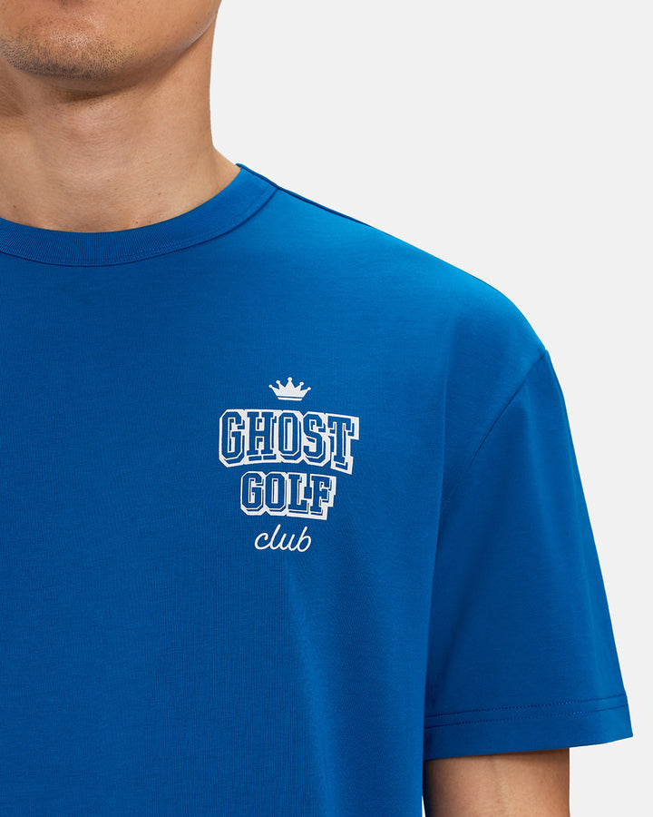 Front Closeup View of Royal Blue Spectator Club Tee on Asian Male Model with Ghost Golf #color_royal-blue