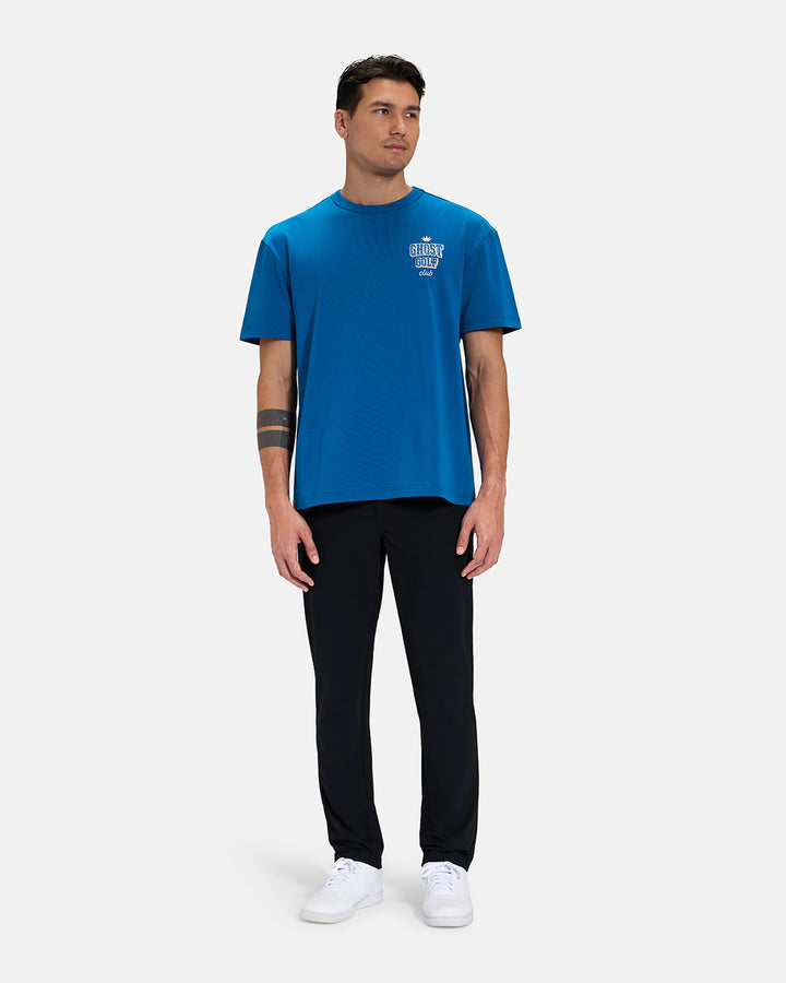 Full Body Front View of Royal Blue Spectator Club Tee on Asian Male Model wearing black pants and white shoes #color_royal-blue