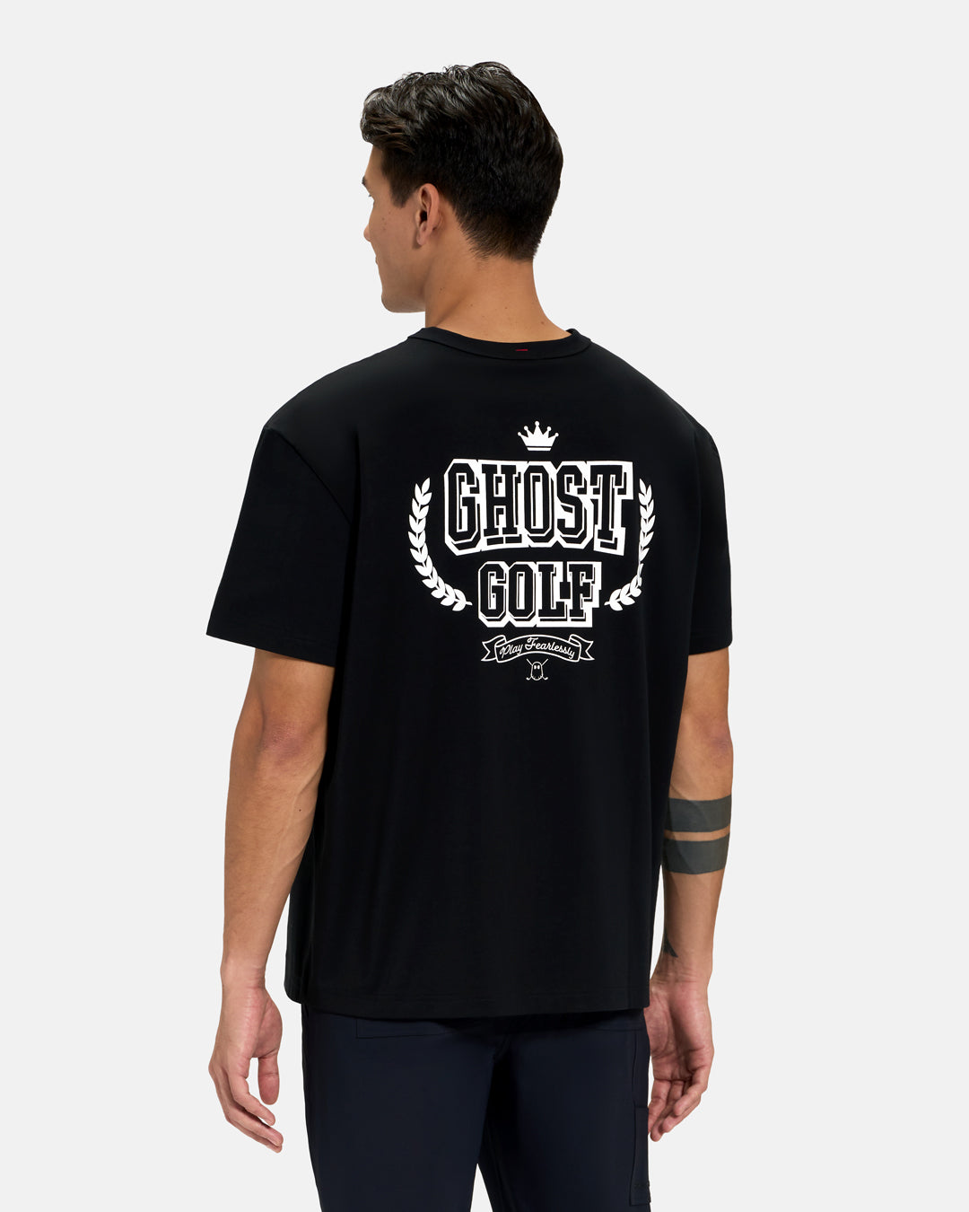 Back View of Black Spectator Club Tee on Asian Male Model with Ghost Golf Graphic #color_black