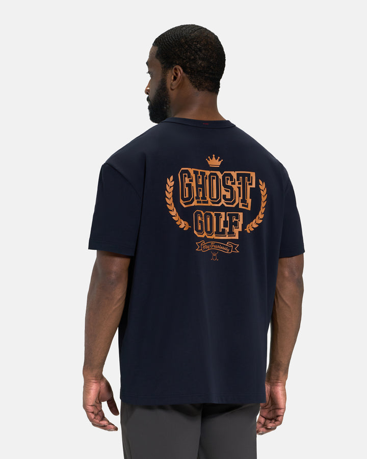 Back View of Navy Spectator Club Tee on Black Male Model with Ghost Golf Graphic #color_navy