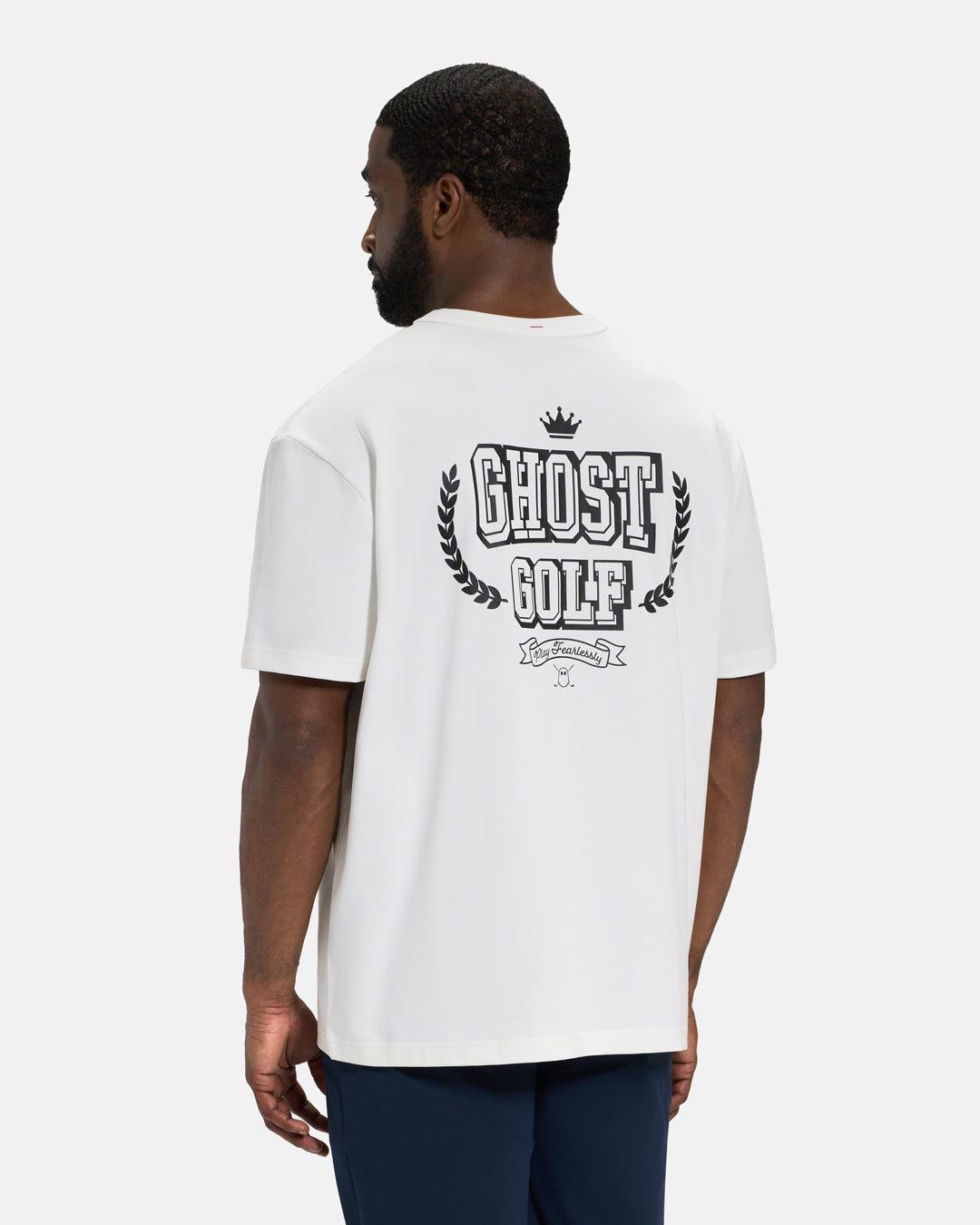 Back View of White Spectator Club Tee on Asian Male Model with Ghost Golf Graphic #color_white