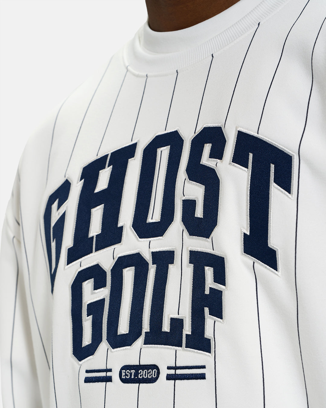 Closeup Front View of White Spectator Crew Sweatshirt on Black Male Model #color_white