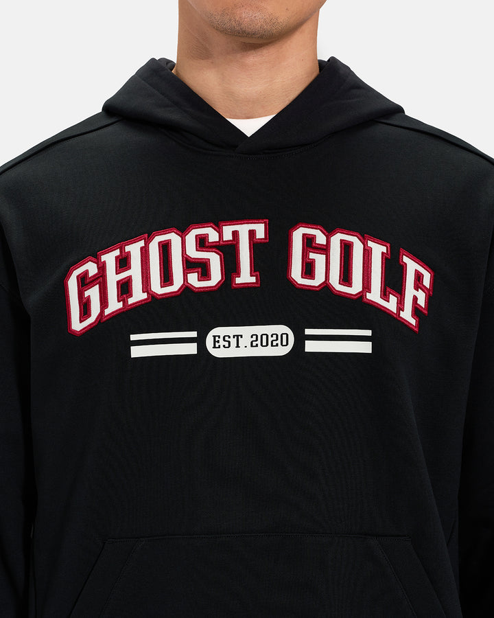 Front Closeup View of Black Spectator Dormie Hoodie on Asian Male Model with Ghost Golf #color_black