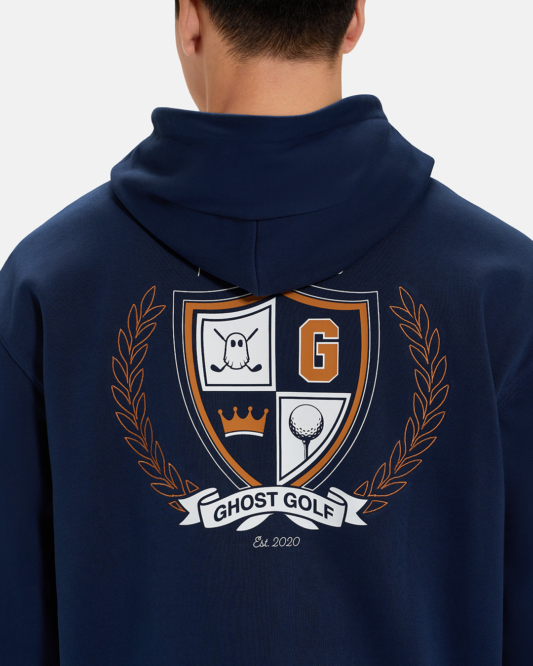 Back Closeup View of Navy Spectator  Hoodie on Asian Male Model with crest illustration on back #color_navy