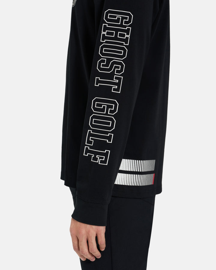 Closeup Side View of Black Spectator Long Sleeve Tee on Asian Model with Ghost Golf #color_black
