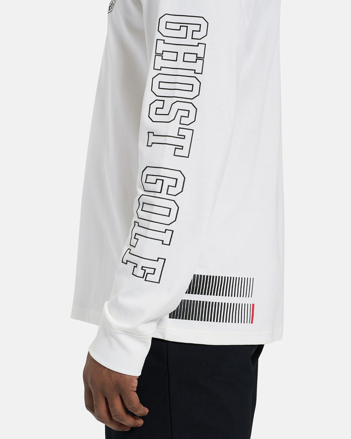 Closeup Side View of White Spectator Long Sleeve Tee on Black Model with Ghost Golf #color_white