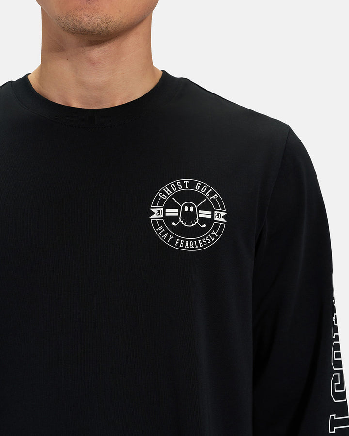 Front Closeup View of Black Spectator Long Sleeve Tee on Asian Male Model with Ghost Golf #color_black