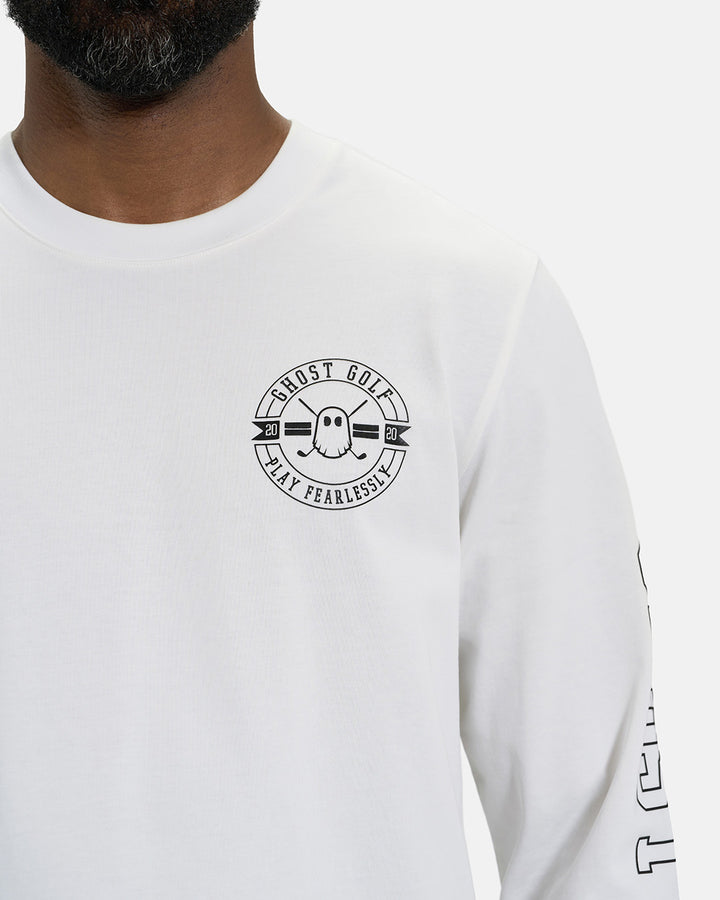 Front Closeup View of White Spectator Long Sleeve Tee on Black Male Model with Ghost Golf #color_white
