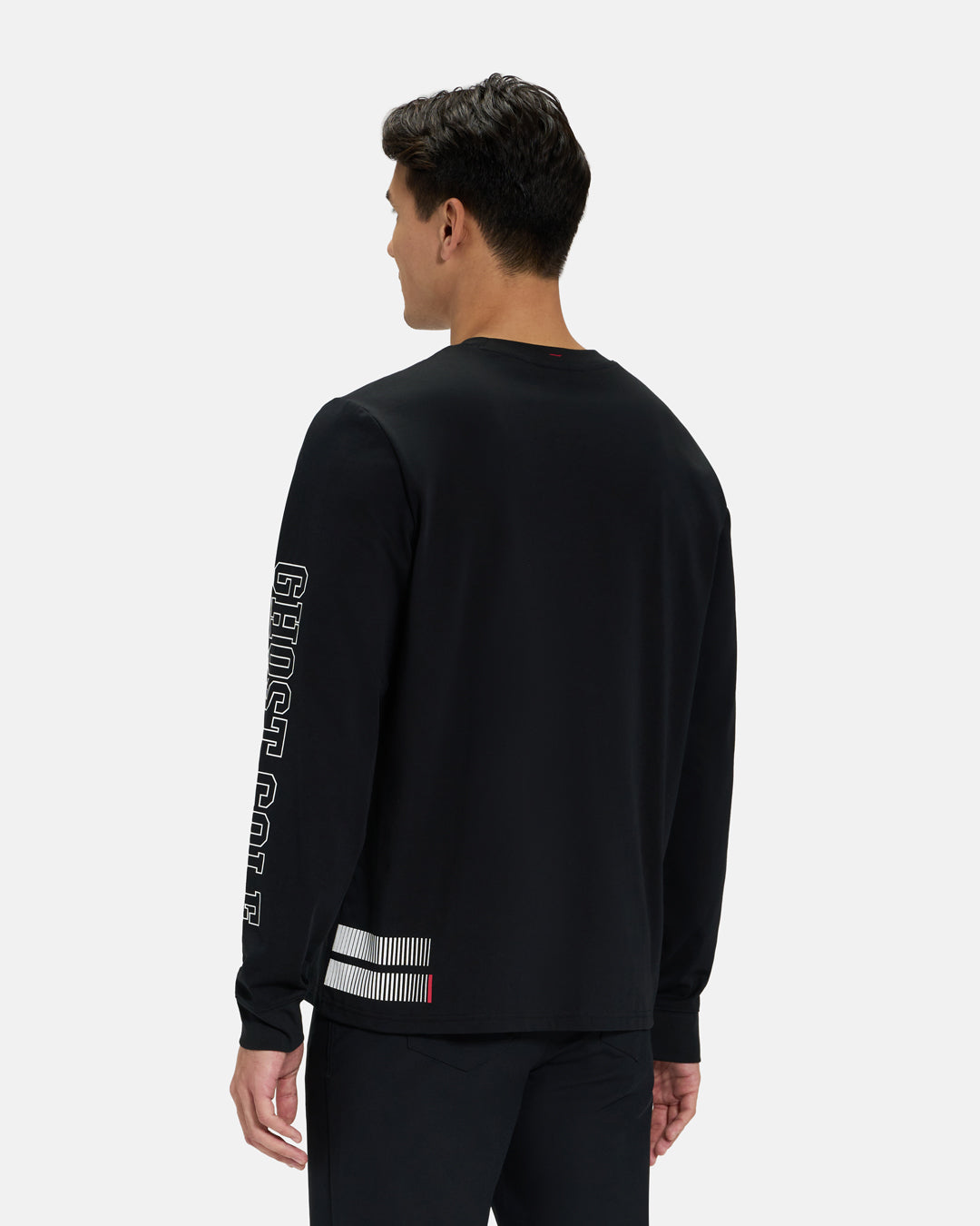 Back View of Black Spectator Long Sleeve Tee on Asian Male Model #color_black