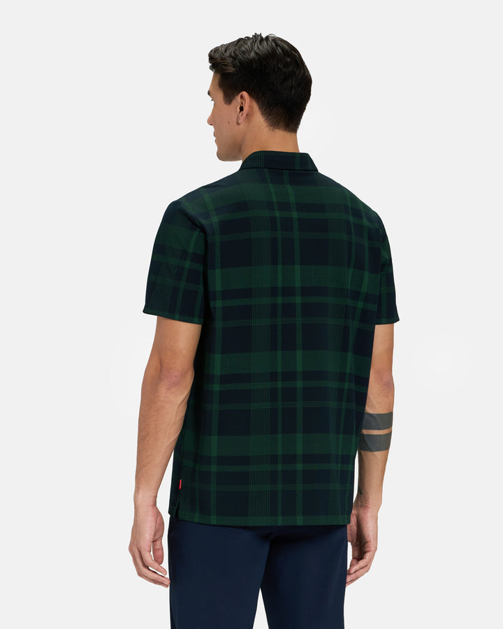 Back View of Bogey Green Spectator Plaid Polo on Asian Male Model #color_bogey-green