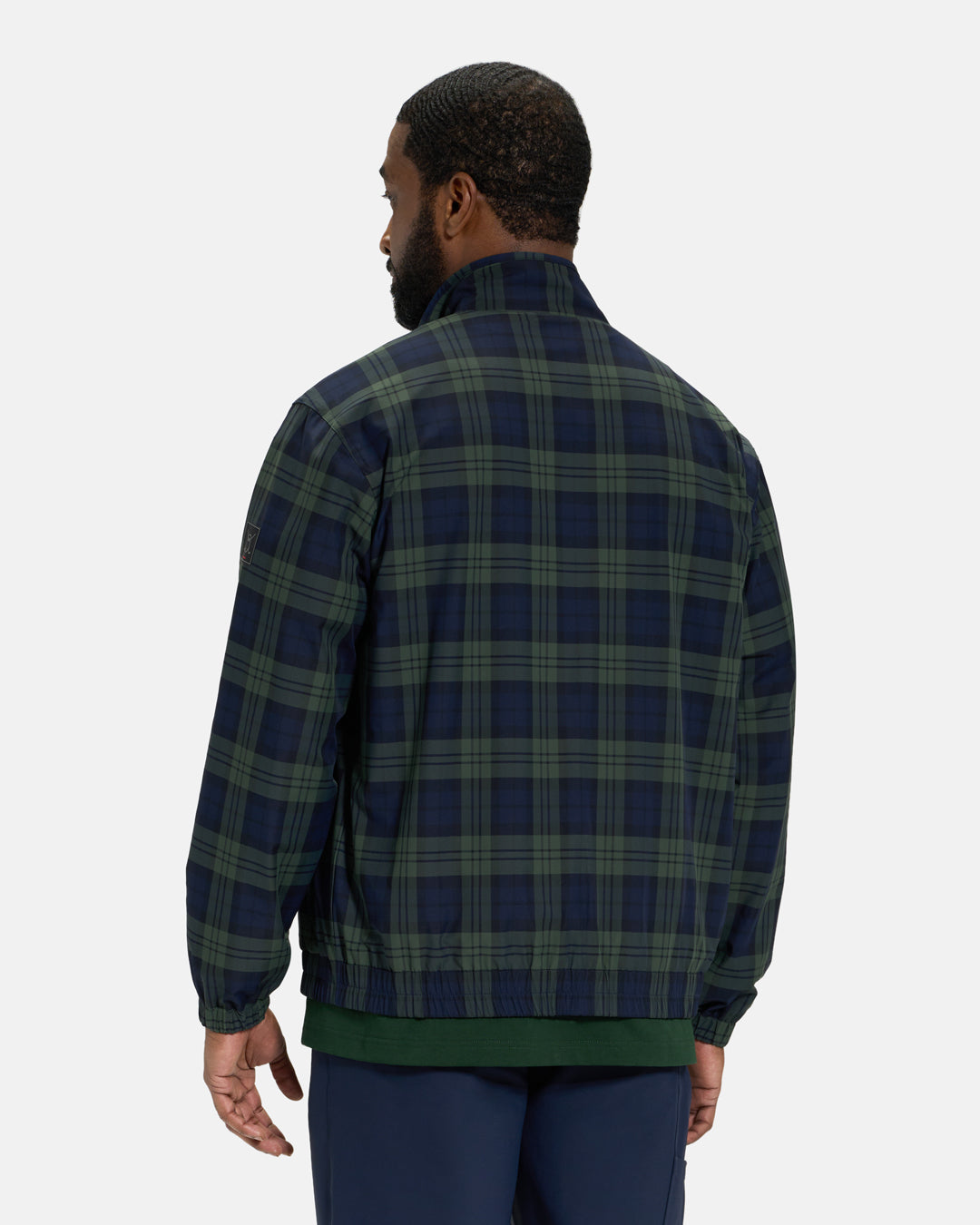 Back View of Plaid Dark Navy Spectator Reversible Jacket on Black Male Model #color_plaid-navy