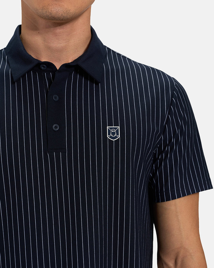 Front Closeup View of Navy Spectator Stripe Polo on Navy Asian Male Model with Ghost Icon Crest #color_navy