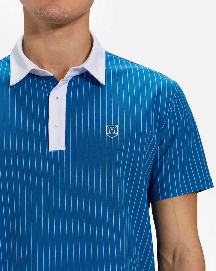 Front Closeup View of Royal Blue Spectator Stripe Polo on  Asian Male Model with Ghost Icon Crest #color_royal-blue
